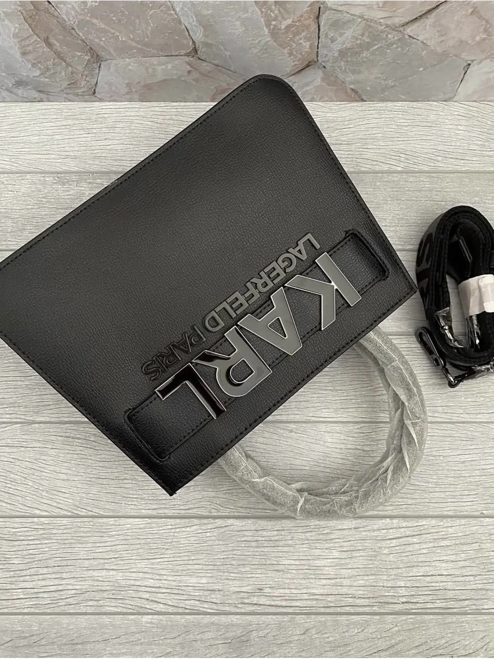 Karl Lagerfeld Black Simon Embossed Logo Harlow Leather Top-Handle Satchel